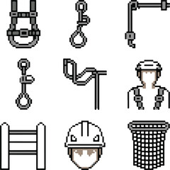 Fall Protection Pixel Icons Safety Harness, Lanyard, Anchor Point, Lifeline, Guardrail, Helmet, Safety Net