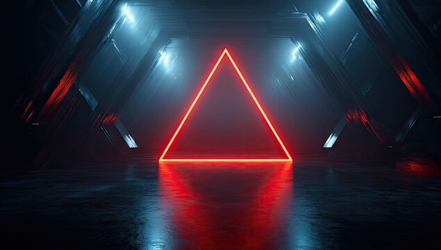 Glowing red triangle neon sign in a dark, futuristic, metallic corridor with blue lighting - Powered by Adobe
