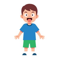 Playful Child's Expression: A young, energetic child is full of excitement with his tongue out, dressed in a blue t-shirt and green shorts