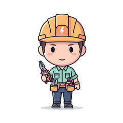 Fototapeta premium Cute Cartoon Electrician in Hard Hat Holding Pliers with Tool Belt, Profession, Skilled Trades, Handyman Illustration