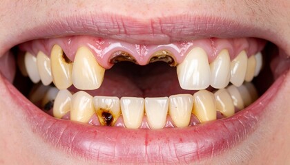 A detailed close-up of a wide-open mouth revealing advanced dental decay, multiple cavities, missing upper front teeth, and prominent signs of poor oral health and neglect