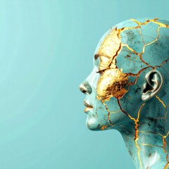Profile of a cracked teal head, gold accents