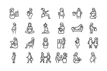 Pregnant Lady Icon Set. Pregnancy, Maternity, Motherhood, Baby Shower, Yoga, Shopping, Resting, Walking, Health, and More. Editable Stroke. Vector Illustration.