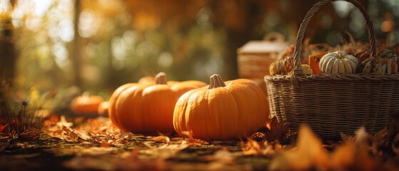 The colorful pumpkins in a rustic basket among autumn leaves at sunrise.