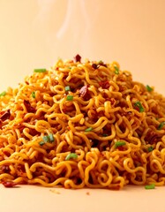 schezwan noodles overflowing like lava on a light peach surface