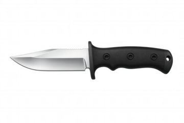 Black-handled combat knife with gleaming silver blade, photographed in studio setting against transparent backdrop