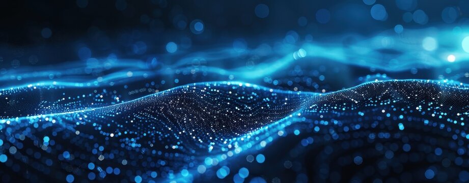 Futuristic abstract background featuring glowing blue particle wave on black background