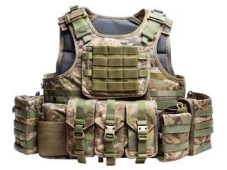 Tactical combat vest with camouflage pattern and multiple pouches tactical vest military vest isolated on a transparent background