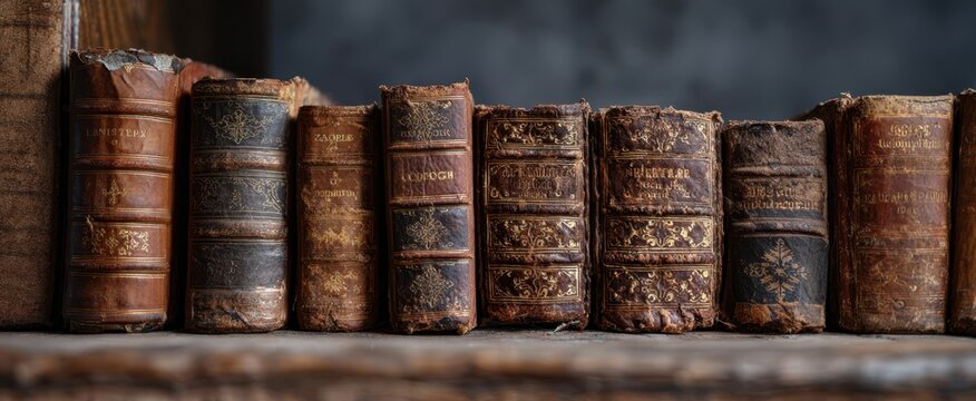 The vintage leather-bound books lined up on an antique wooden shelf.