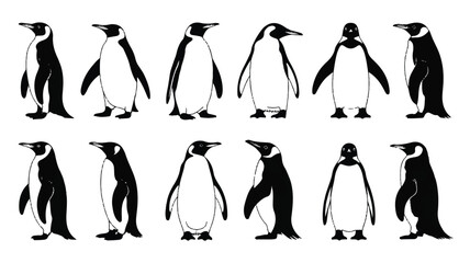 Obraz premium A black and white illustration of twelve penguin silhouettes arranged in two rows. 