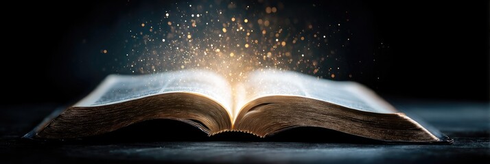Open antique book emitting golden light and sparkles