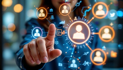 Customer relationship management CRM concept Customer data and marketing database system Businesswoman touching customer icon client. v 5.