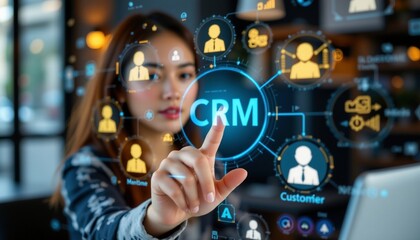Customer relationship management CRM concept Businesswoman touch CRM icons on virtual screen