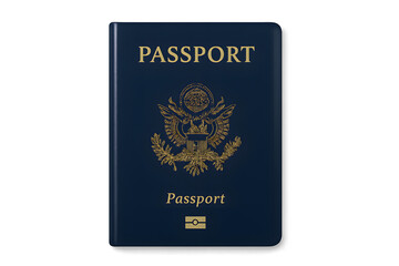 Naklejka premium glossy passport with navy blue cover and gold emblem, isolated on transparent background, crisp stock PNG