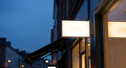 Blank illuminated shop sign hanging on storefront at dusk, empty horizontal mockup for brand advertising at night