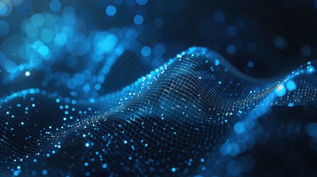Abstract dark technology wallpaper with blue glowing wave of digital particles, futuristic concept for AI, blockchain, machine learning, cyber security and big data design
