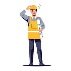 Construction Worker's Dilemma: A construction worker stands perplexed, holding a blueprint and scratching his head, a thoughtful moment frozen in a digital illustration. 