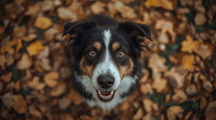 Happy Border Collie Dog in Autumn Leaves