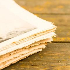 Stack of aged newspapers on a wooden surface