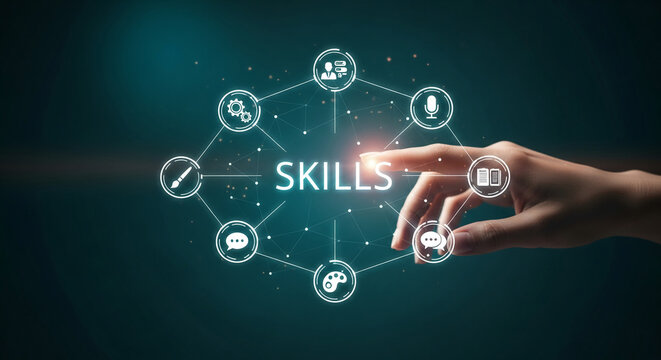 Hand interacts with digital skills network graphic, showcasing interconnected icons representing diverse abilities, symbolizing professional development and expertise