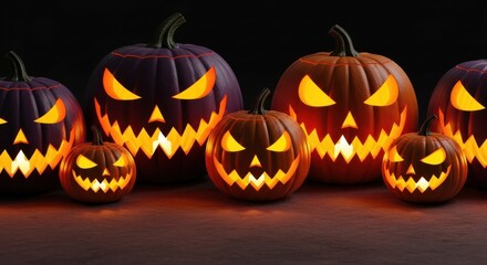 Spooky halloween jack-o'-lanterns glow with fiery eyes and grinning mouths in a dark scene