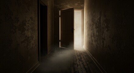 A dimly lit narrow hallway with open doors Light emanates from the open doors with visible dust or fog near the floor