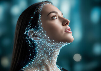 Futuristic AI woman with digital network connection. Human face with technology grid. Artificial intelligence and future tech concept of a digital human identity and metaverse.