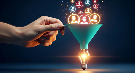 Hand guiding customer icons into lightbulb via funnel, symbolizing lead generation, idea creation, and business growth, showcasing innovative marketing strategy