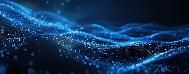 High-resolution abstract digital background with glowing dots and blue wave, concept for futuristic cyber space, AI, blockchain, big data and machine learning applications
