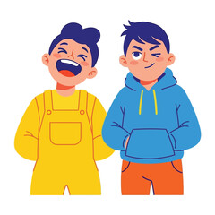 Joyful Comradeship: Capturing a dynamic illustration of two boys showcasing their distinctive emotions and bonds of friendship, embodying youthful innocence and vitality.