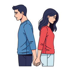 The Silent Parting: A couple, standing back-to-back, hand in hand, expresses the heartache of goodbye with downcast expressions and body language.
