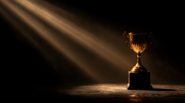 Shining gold trophy cup on a velvet podium, spotlighted dramatically against a dark background.
