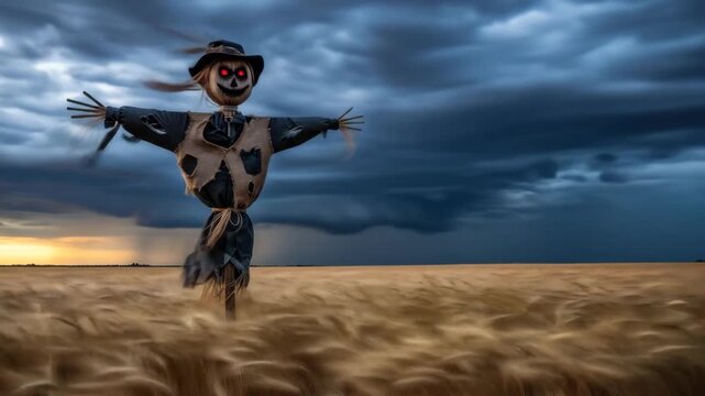 A scarecrow in a field under a stormy sky