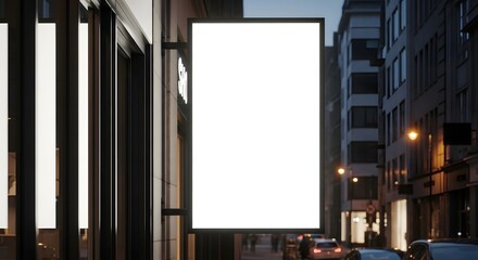 Blank vertical sign mockup hanging on urban building at dusk, empty illuminated board for city advertising