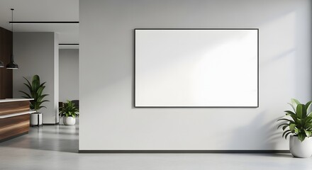 Blank horizontal frame mockup in modern office reception, empty white poster for corporate information