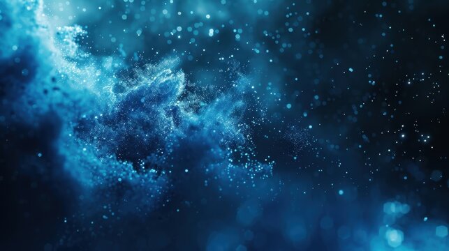 Futuristic abstract blue particle wave on black backdrop with glowing dots, concept for big data, cyber security, artificial intelligence and modern digital technology theme