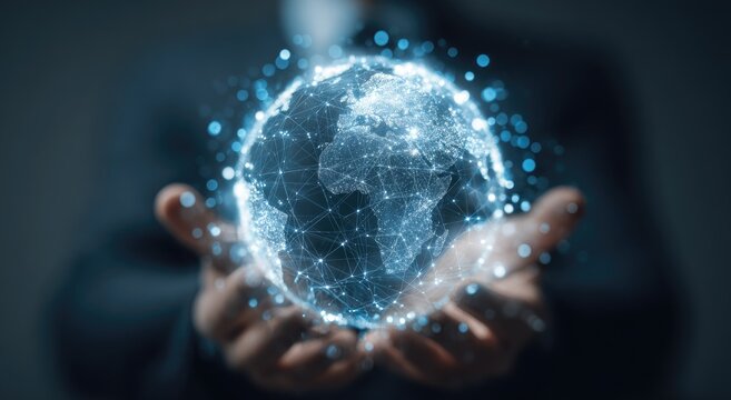 Global network connection, futuristic digital sphere held in hands