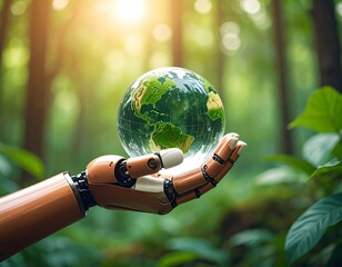Robotic hand holding Earth in a forest