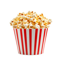 Popcorn in Striped Bucket on White Background for Cinema and Food Concepts