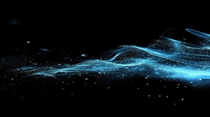 Blue digital particle wave on dark abstract background, futuristic glowing wallpaper representing cyber technology, AI, blockchain and advanced data visualization