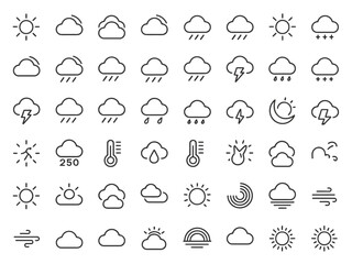 Collection of weather icons including sun clouds rain lightning and thermometers isolated on white background silhouette