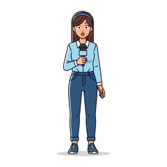 Breaking News Reporter: A dedicated female journalist, animated and engrossed, passionately reports live, delivering critical updates through a microphone. A portrayal of the world of real-time news.