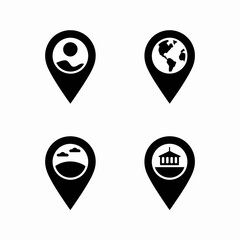 Collection of four location pin icons with diverse imagery silhouette isolated on white background