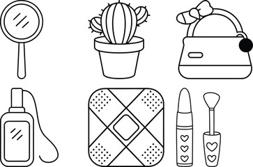 Cute handbag mirror cactus bandage mascara makeup icons set for girls beauty fashion white background