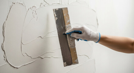 Hand in glove applying plaster to wall with spatula, showing textured surface application process, representing home renovation, construction, and DIY projects