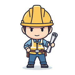 Cartoon Construction Worker with Hard Hat and Blueprint Illustration for Building Projects