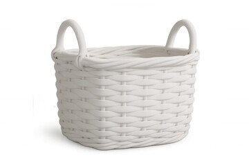 Obraz premium White woven basket featuring twin handles, sitting empty against transparent backdrop, perfect for product presentation