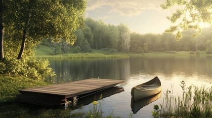 Obraz premium A tranquil lake scene with a wooden dock and canoe. Golden hour light bathes the serene nature.
