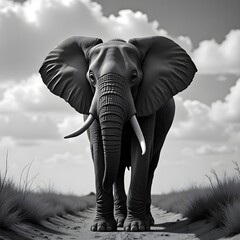 Naklejka premium Elephant faces forward in open plain.