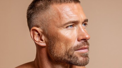 Male model with beard and clean skin poses with confidence in a neutral background, showcasing grooming and style